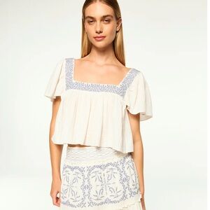 Misa Los Angeles Anju Shot Sleeve Cotton Top Cream Blue Size S NWOT